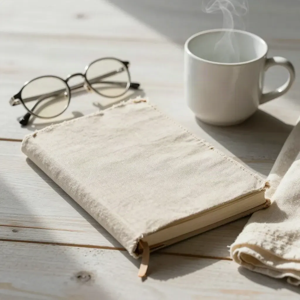 Linengebundenes Journal, weiße Tasse und runde Brille auf hellem Holz mit aufsteigendem Dampf.