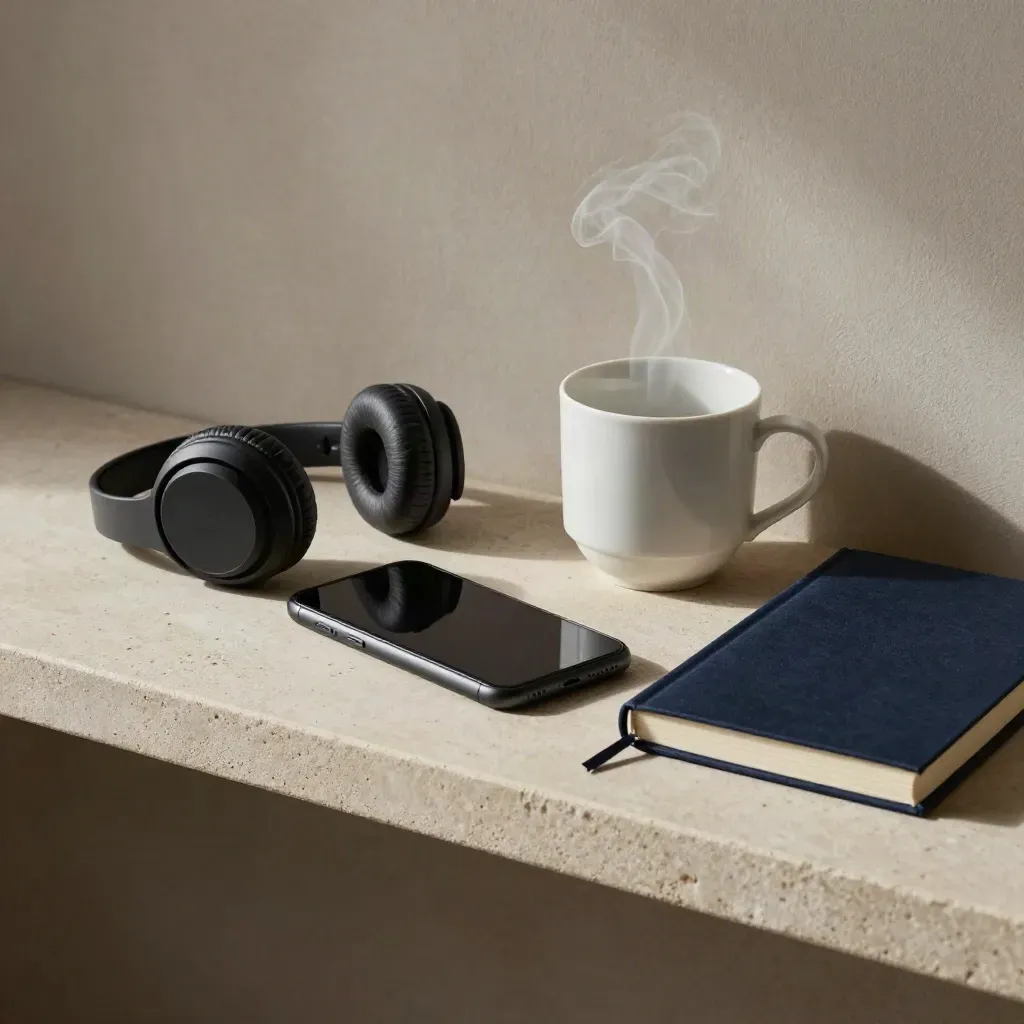 Smartphone, Kopfhörer, Tasse und Notizbuch auf heller Steinschale mit Dampf.