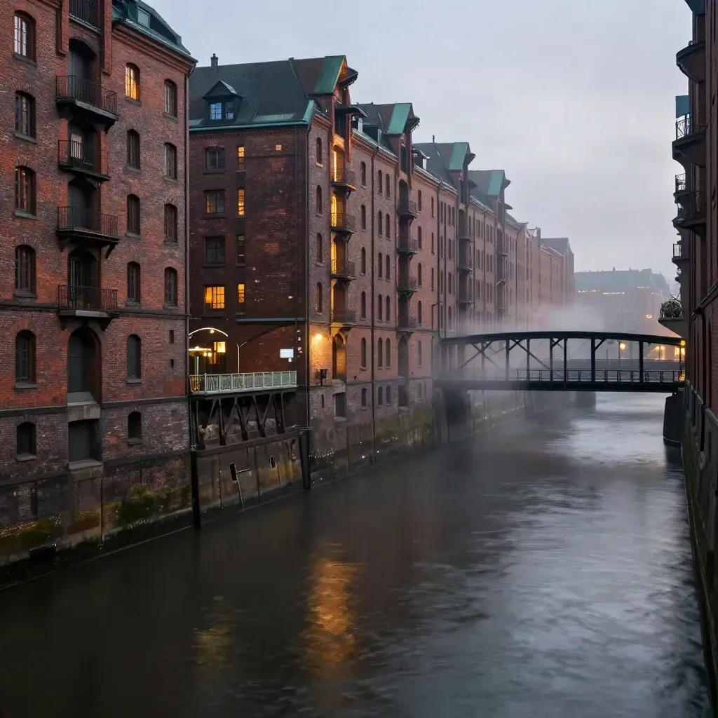 Hamburger Speicherstadt bei Blaue Stunde mit Brücken, Kanälen und Nebel.