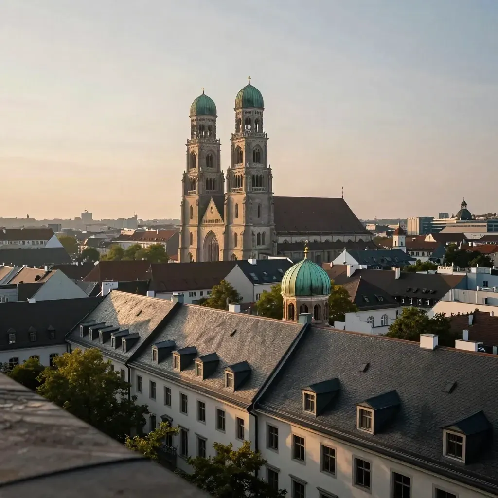 Münchner Dächer mit Frauenkirche im warmen Abendlicht und feinem Dunst