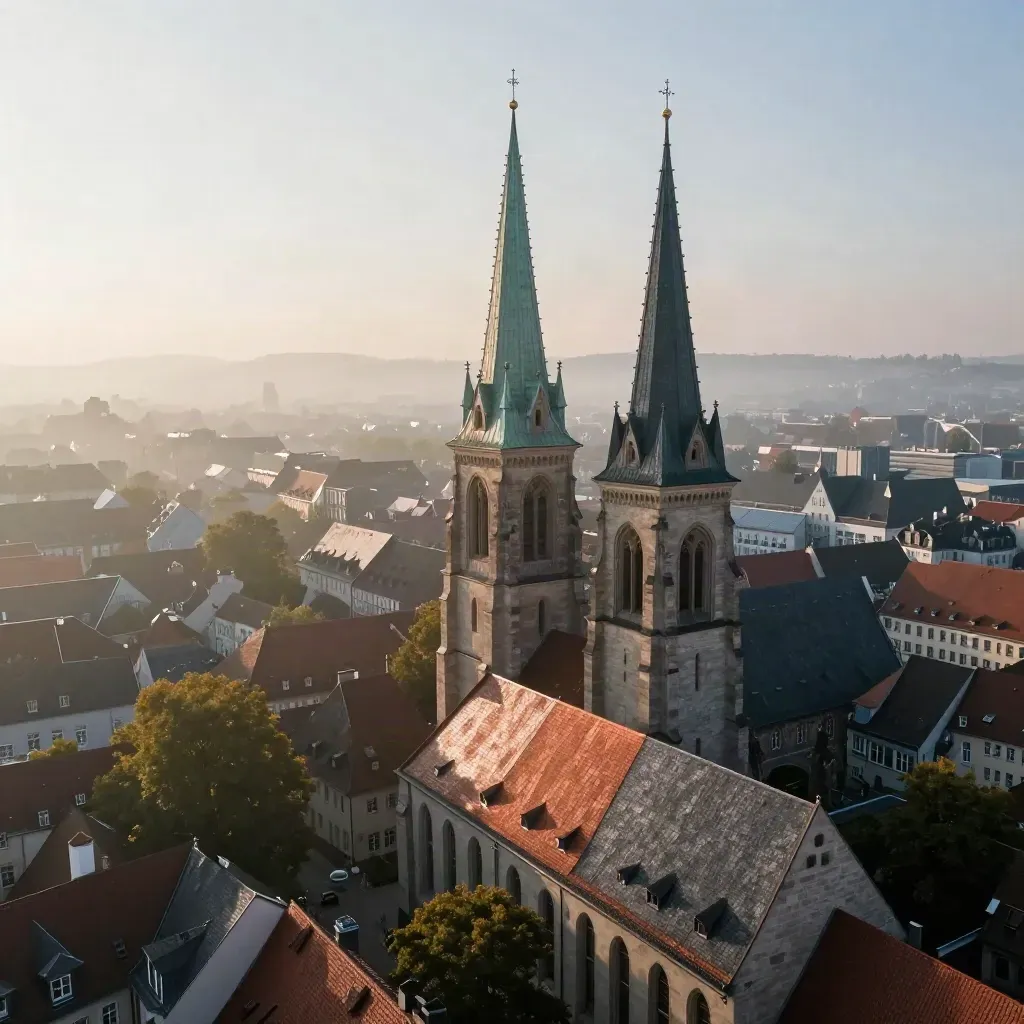 Hoch über deutschen Dächern im Morgennebel mit Kirchtürmen und ruhiger Skyline.