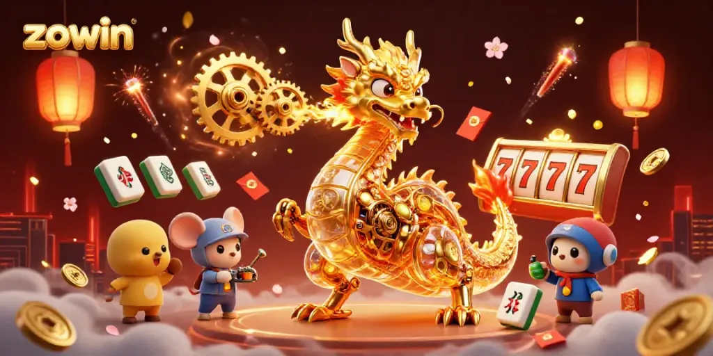Engage with the vibrant world of Zowin, where a golden dragon and mouse engineer excite the gaming arena.