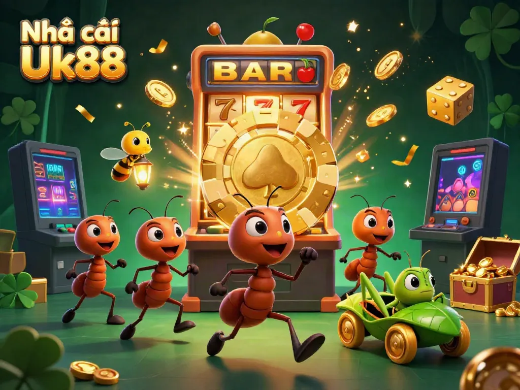 Experience the excitement of Nhà cái Uk88 with a thrilling 3D casino heist scene featuring vibrant characters and rich gaming elements.