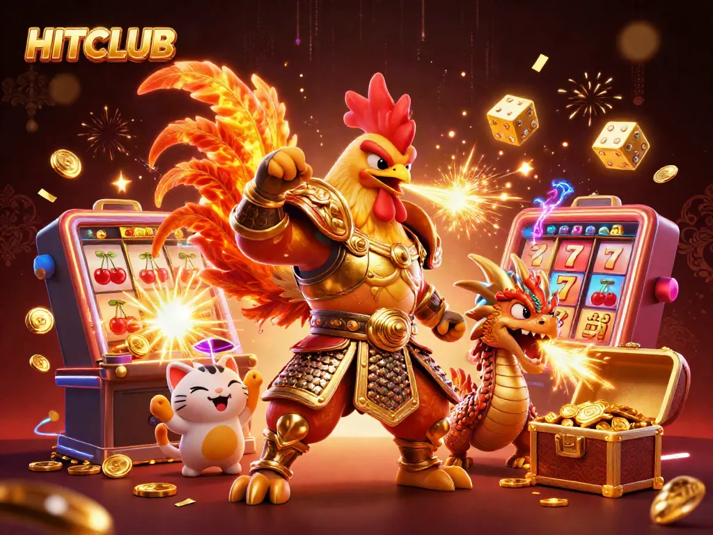 Experience HITCLUB's dynamic gaming world with a fierce rooster warrior and a dragon surrounded by jackpots.
