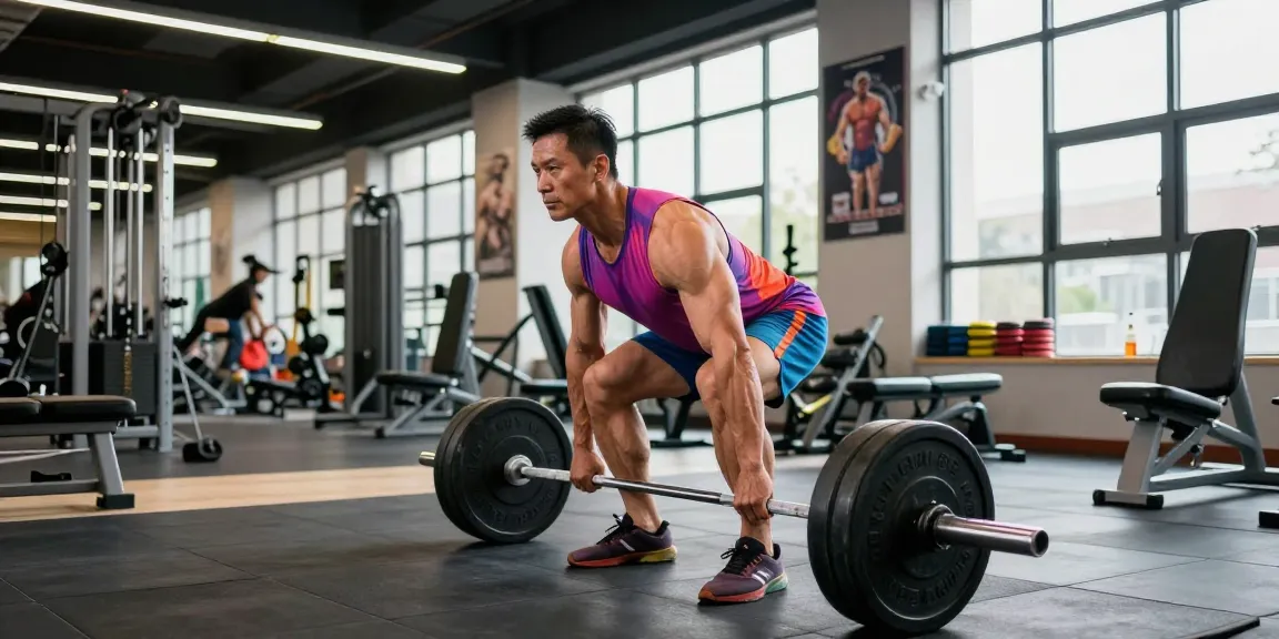 Bodybuilder hebt Gewichte in einem dynamischen Anabolika-Shop-Fitnessstudio.