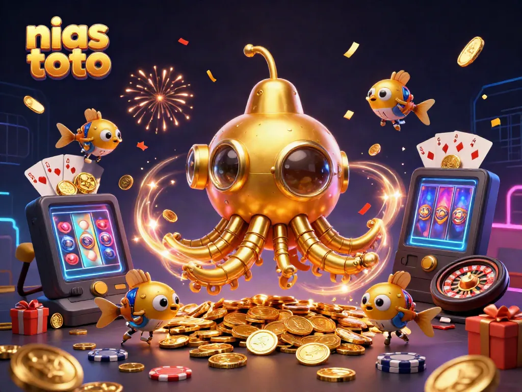 Permainan slot menarik dari nias toto dikelilingi oleh elemen kasino yang berkilau.