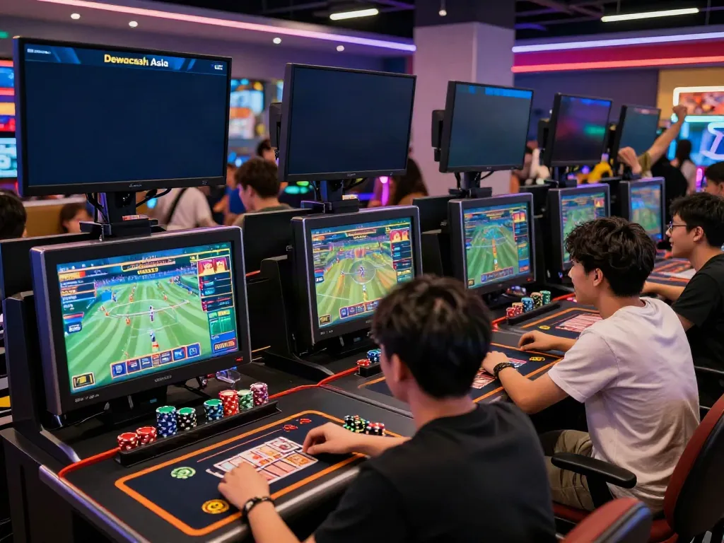 Dewacash Asia gaming lounge with players enjoying online betting and casino games.