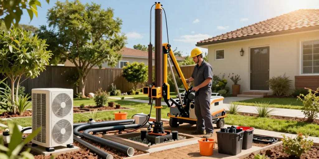 Techniker bei den Geothermie Kosten im eigenen Garten, Installation von Erdwärmeheizungen und Bohranlagen, nachhaltige Energienutzung.
