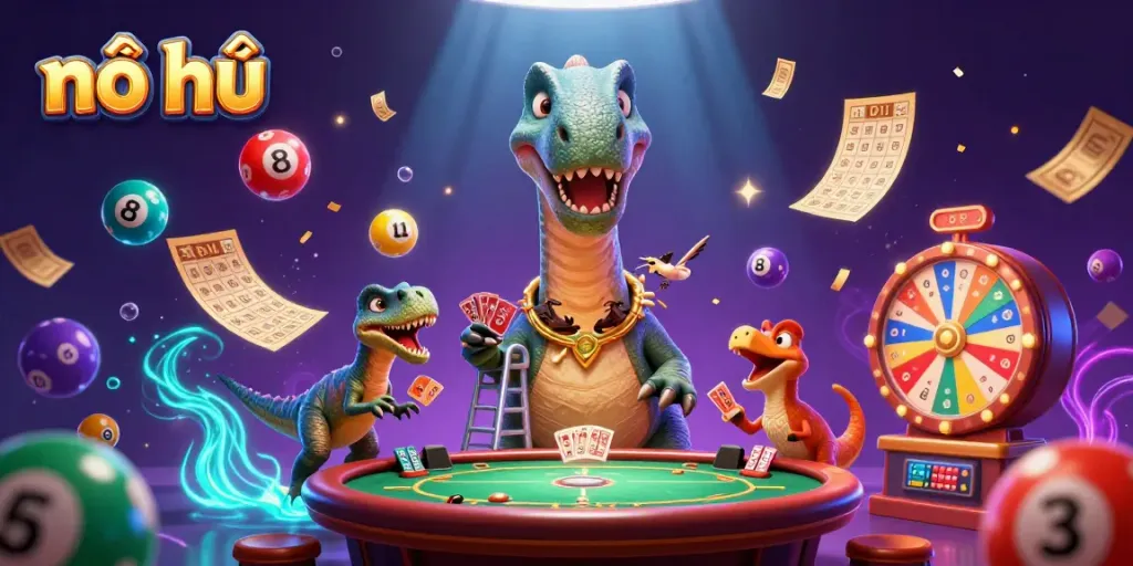 Nổ hũ takes center stage with a dynamic dinosaur and clever raptor in an exhilarating casino scene