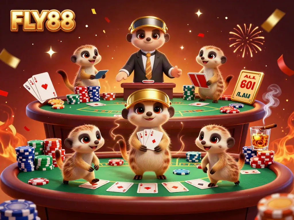 Watch a colony of meerkats operating the FLY88 casino with vibrant poker action and celebration.