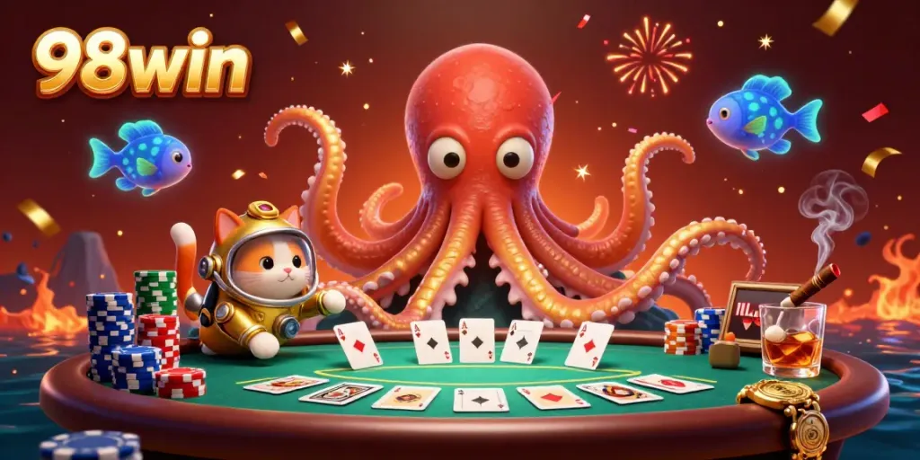 Experience thrilling 98win gaming with a lavish kraken and diving cat amidst poker tables and colorful chips.