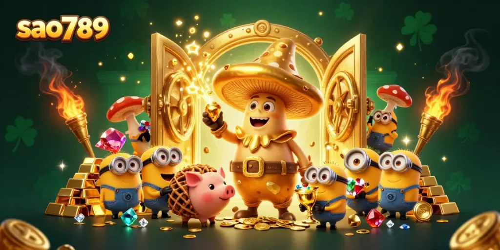 Engage with the magic of sao789, as golden treasures burst forth in this 3D illustration of a whimsical casino scene.