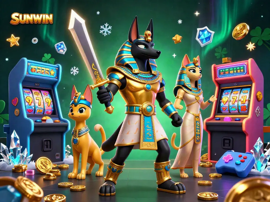 Engage in thrilling gameplay at SUNWIN with Anubis and Bastet, surrounded by vibrant gaming elements.