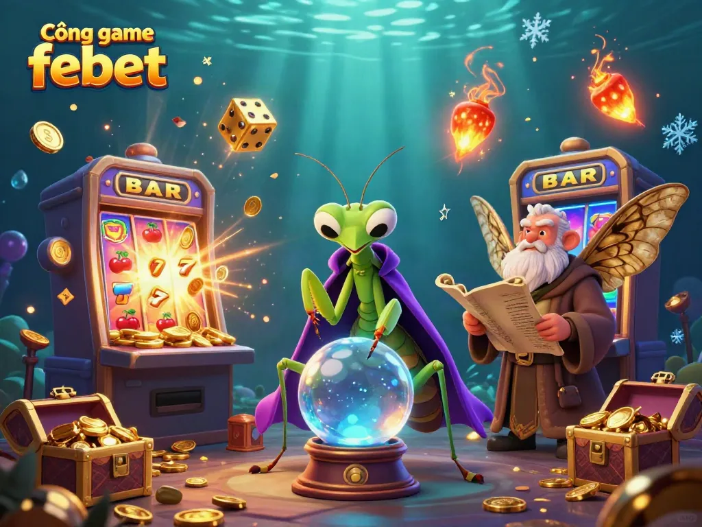 Engage with Cổng game febet's vibrant illustration featuring a fortune teller, moth librarian, and dynamic casino elements.