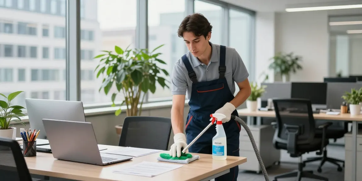 Gebäudereinigung Düsseldorf: Professioneller Reinigungstechniker bei der Arbeit in modernem Büro