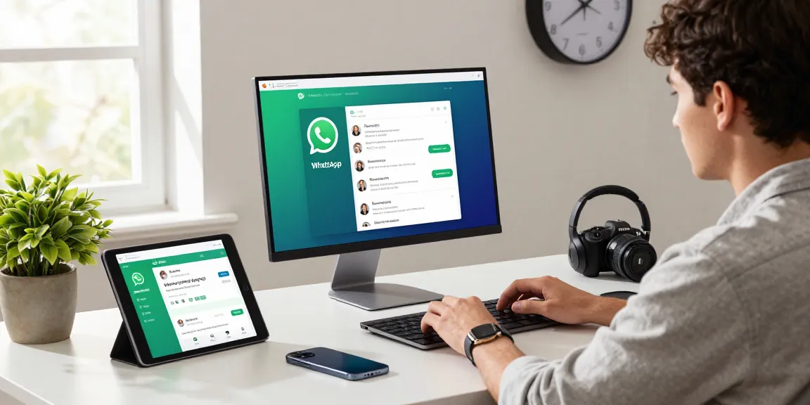 Using WhatsApp電腦版 on desktop in a modern office workspace
