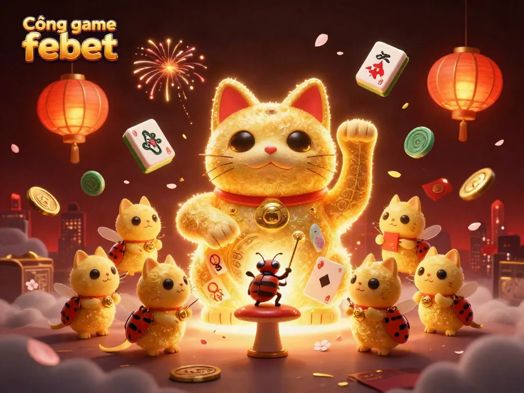 Engage with Cổng game febet in a vibrant 3D casino scene featuring a lucky cat and casino symbols.