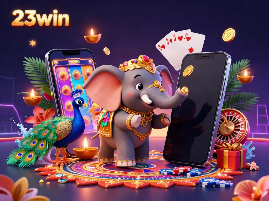 Experience thrilling gameplay at 23win with a vibrant 3D casino scene featuring engaging games and festive elements.