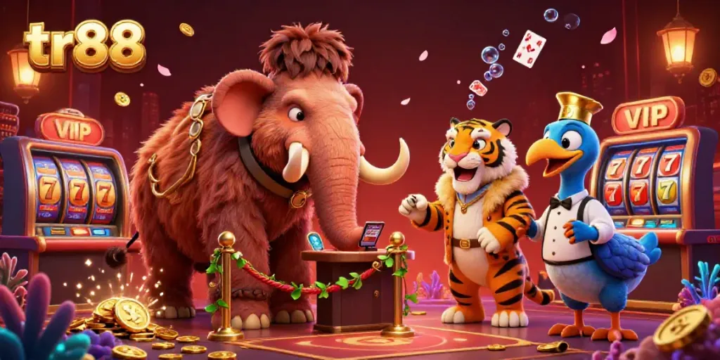 Experience thrilling gaming with tr88 as a woolly mammoth bouncer and saber-tooth VIP in a bustling casino scene.