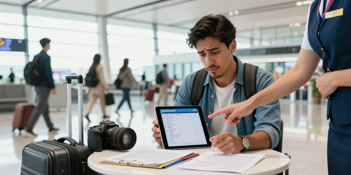 Rechtliche Vorabprüfung vor Reisen: Reisender an Flughafen mit digitaler Checkliste.