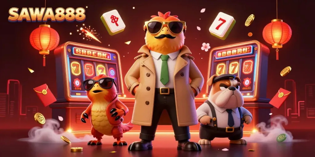 Experience SAWA888 gaming with raptors in a trench coat at a lively casino lounge.