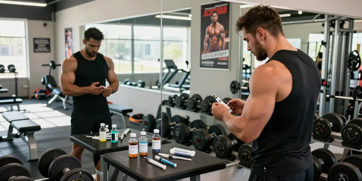 An athlete in the Anabolika Shop gym preparing for steroid injection before training, surrounded by fitness equipment and anabolic products.