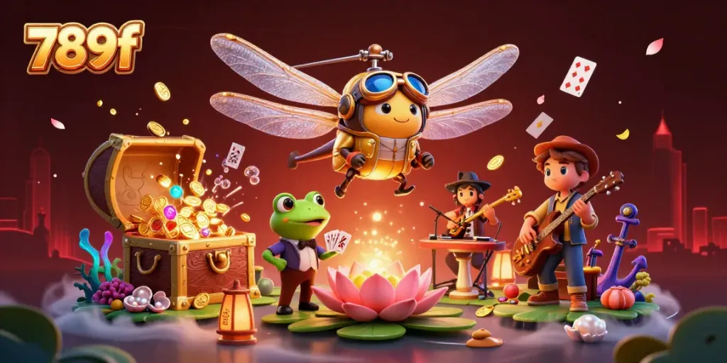 Experience the vibrant action at 789f casino with a dragonfly helicopter pilot and lively frog dealer.