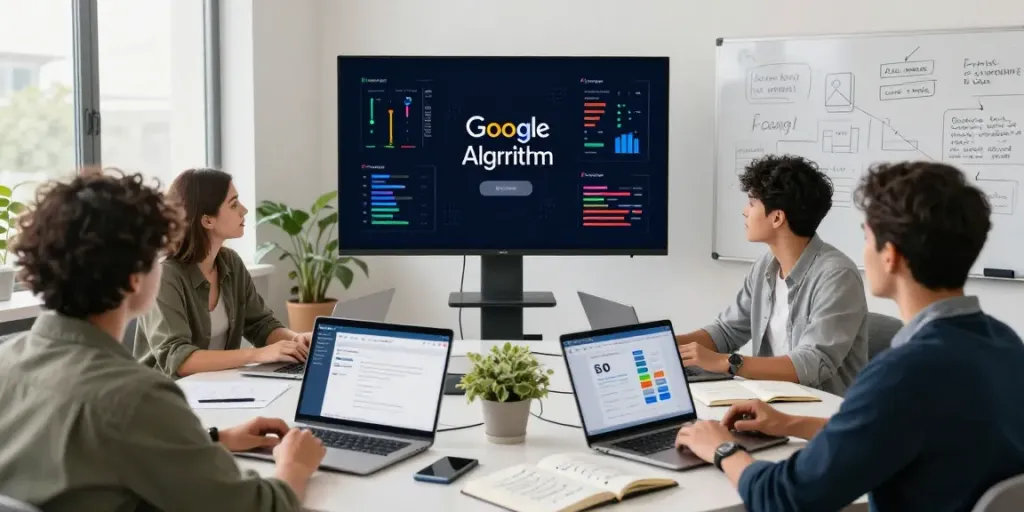 Professional SEO discussion at undergrowthgames.org highlighting algorithm updates in digital workspace.