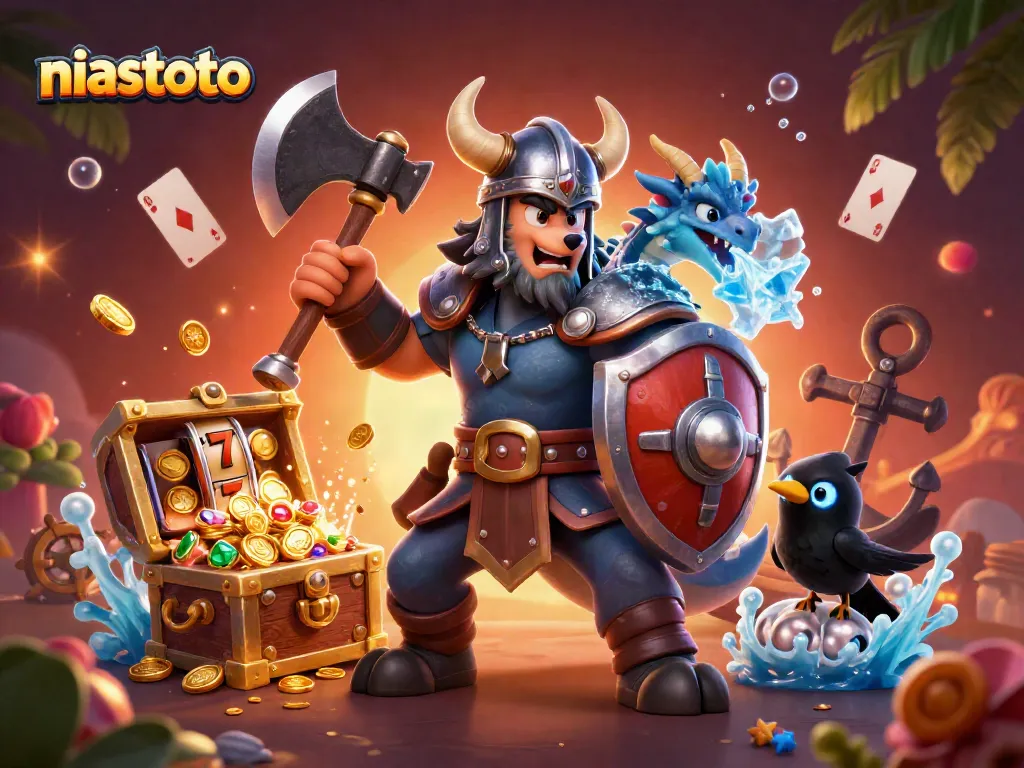 Experience thrilling gaming action with niastoto's Viking wolf warrior and dragon amid shiny slot reels.