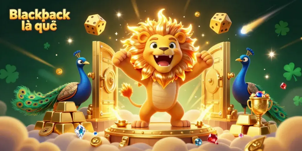 Experience the thrill of Blackjack là gì with a luxurious casino-themed illustration featuring golden treasures and a roaring lion.
