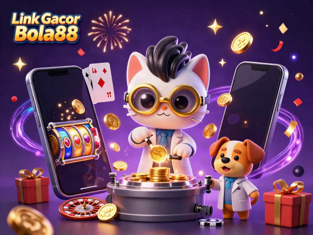 Engage with Link Gacor Bola88 through an exciting digital slot machine scene bursting with colorful animations and party elements.