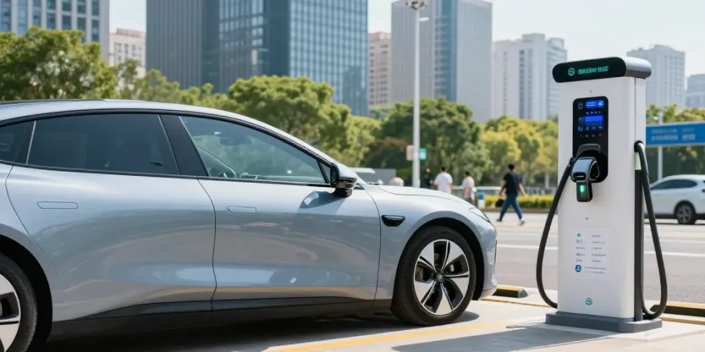 Electric vehicle at urban charging station, showcasing the situs 7meter information hub for eco-friendly transport.