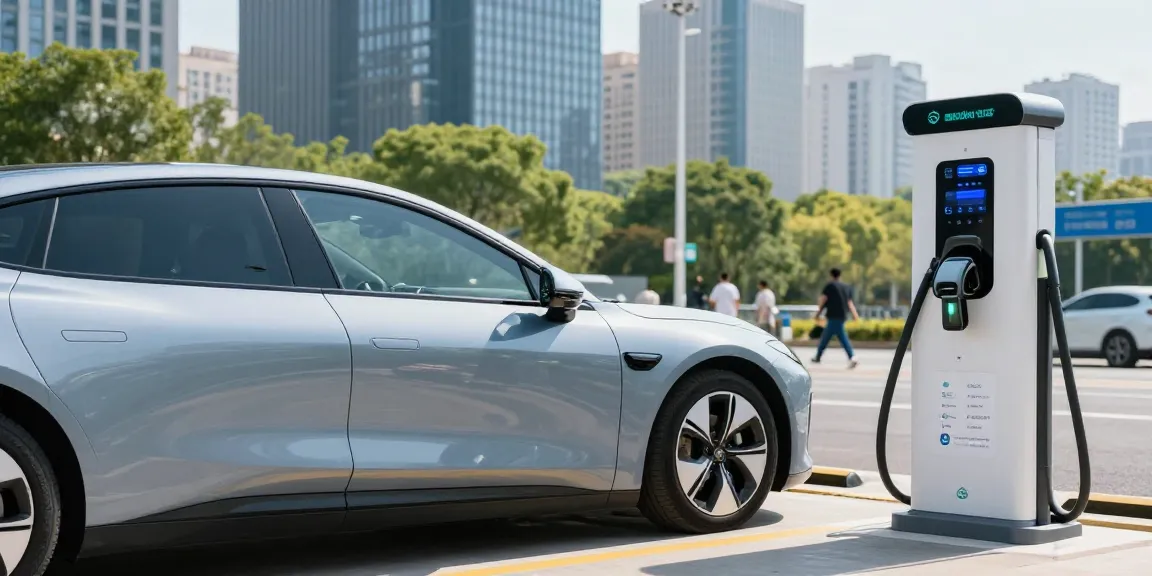 Electric vehicle at urban charging station, showcasing the situs 7meter information hub for eco-friendly transport.