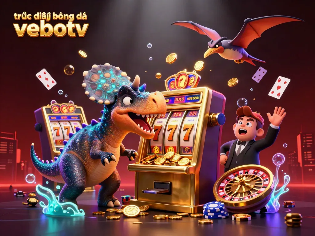 Engaging illustration of trực tiếp bóng đá vebotv with dynamic casino elements and characters interacting with a golden slot machine.