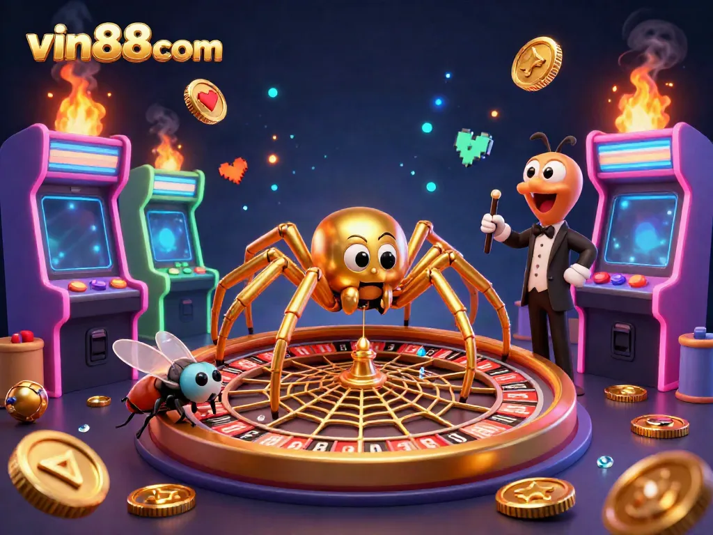Engage with vin88com through an immersive casino experience featuring a golden spider and dynamic gaming elements.