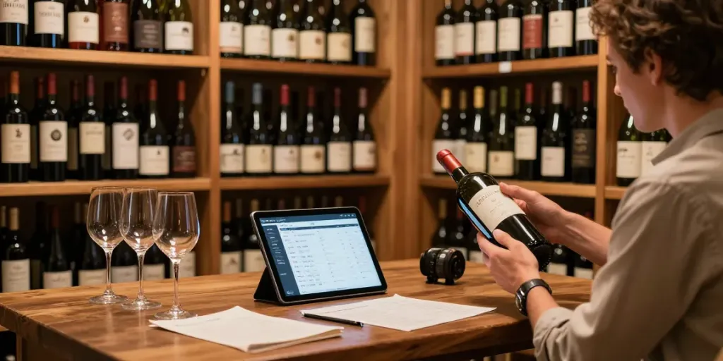 Organisierte Weinlagerung mit Weinlexikon-App auf Tablet in einem eleganten Weinkeller.