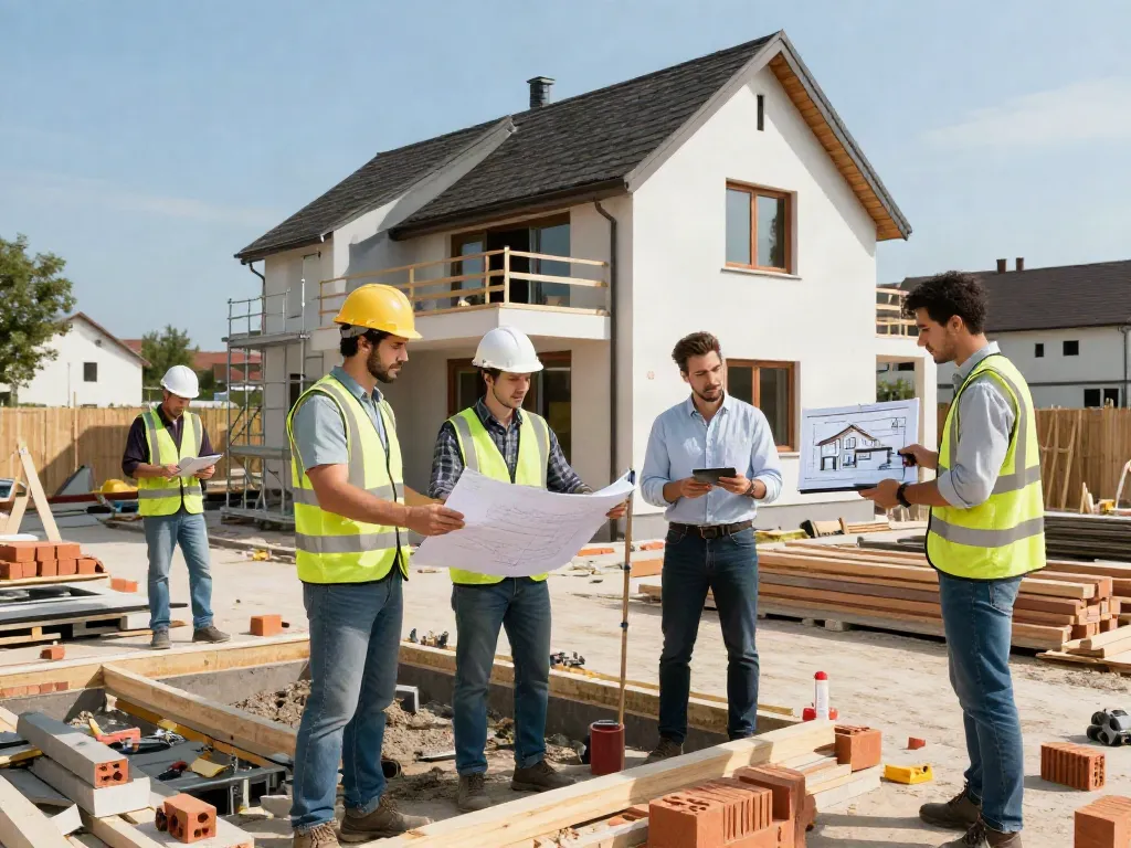 Haus Bauen Wien: Team von Bauarbeitern und Architekten auf einer Baustelle in Wien, die ein modernes Wohnhaus planen.