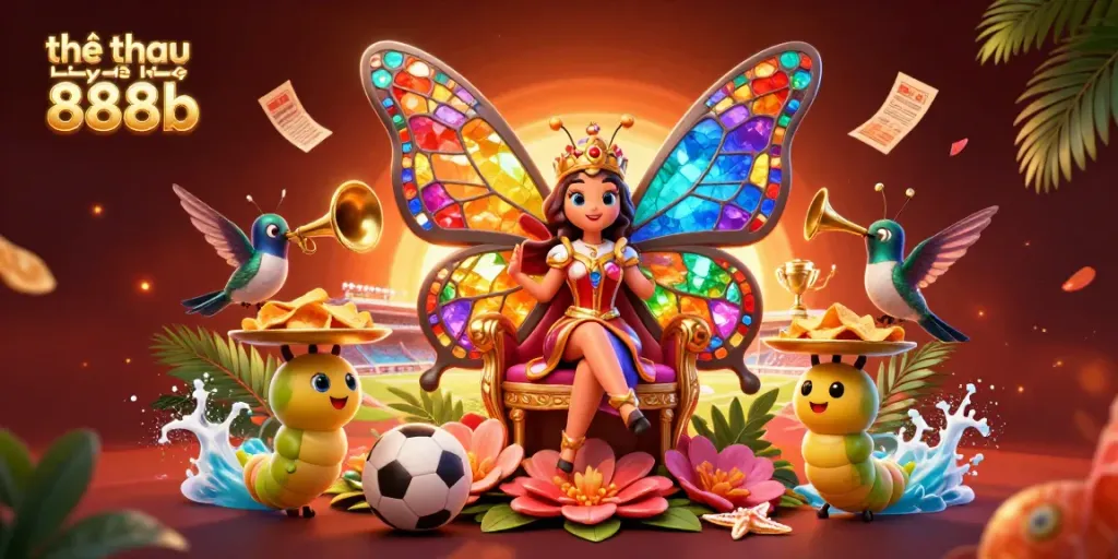 Engage with thể thao trực tuyến 888b, featuring a vibrant scene with a butterfly queen, sports elements, and dynamic betting action.