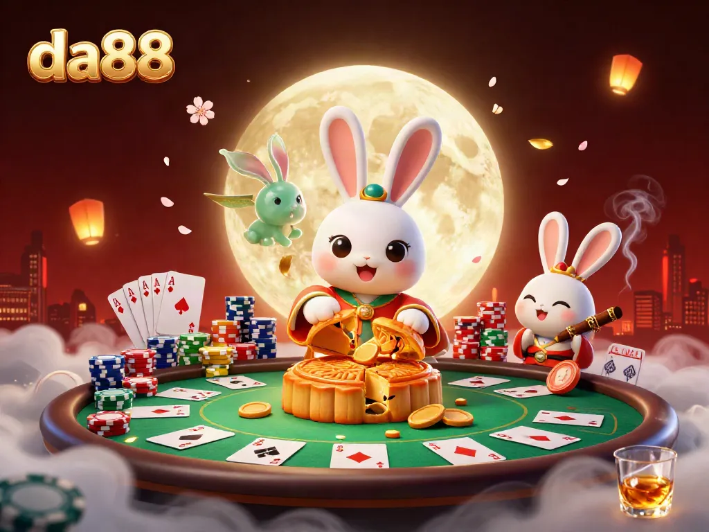 Engage in thrilling experiences at da88 with a cartoon moon rabbit surrounded by poker elements.