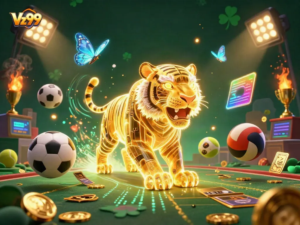 Experience thrilling moments at Vz99 with a dynamic digital casino scene featuring vibrant game elements and a glowing tiger.
