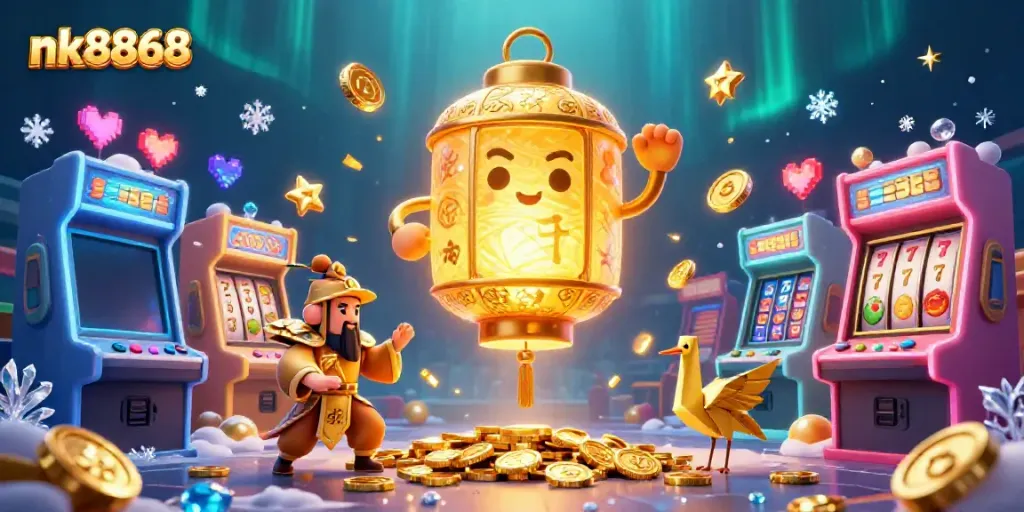 Play thrilling games at nk8868, showcasing a vibrant online casino atmosphere with slot machines and glowing characters.