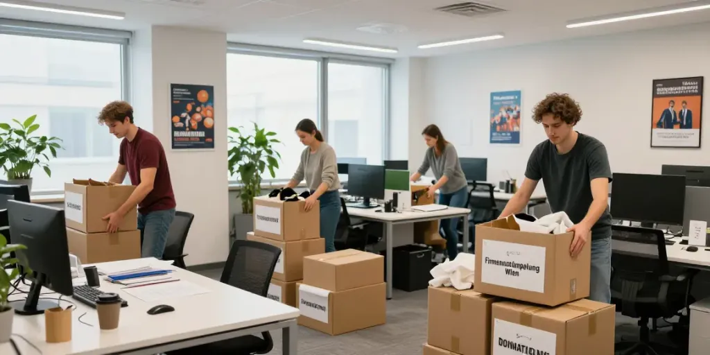 Professionelles Team bei der Firmenentrümpelung Wien, das effizient Büromaterial sortiert.