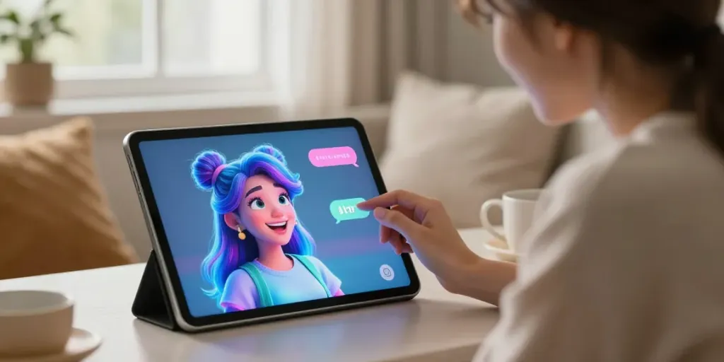 User interacting with AI chat porn character on tablet in a cozy, intimate setting.