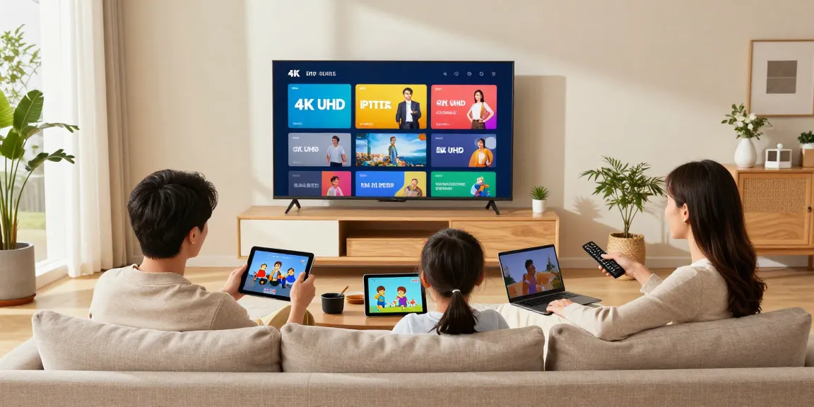 Familie genießt IPTV kaufen in ihrem modernen Wohnzimmer mit 4K UHD Streaming.