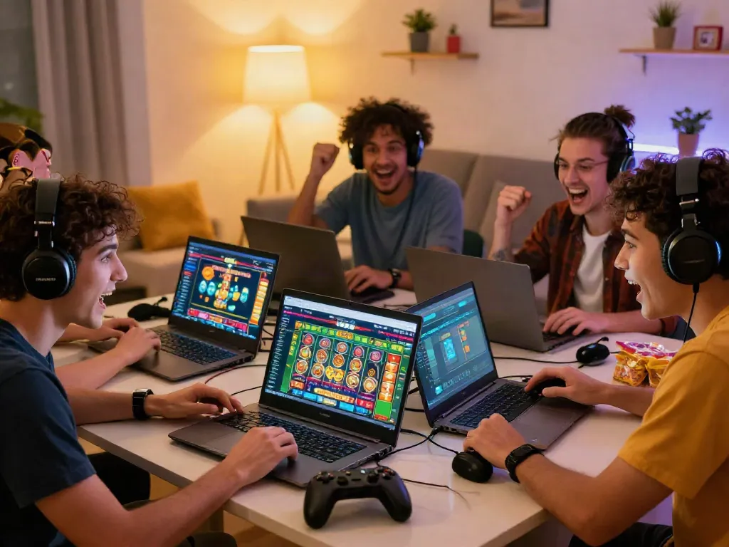 Online gamers enjoying slot games at Nhà cái Uk88, showcasing excitement and strategy.