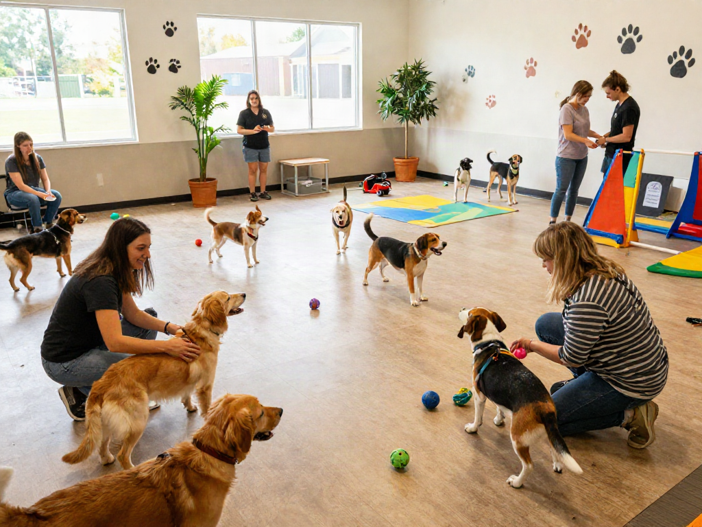 Dogs playing joyfully in a vibrant daycare while staff engages in care, featuring the concept deposit 10k for pet services.