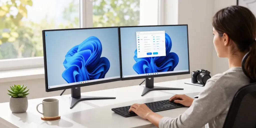 Moderne Arbeitsumgebung mit Windows 11 Pro Interface und ergonomischem Arbeitsplatz