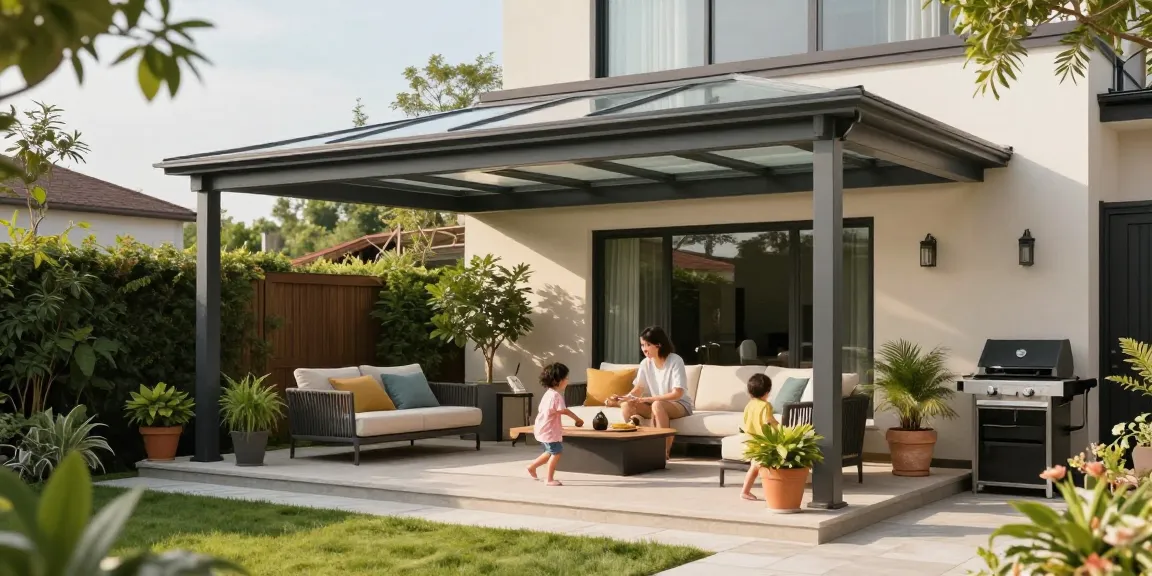 Moderne Terrassenüberdachung mit Familie im Garten genießen.