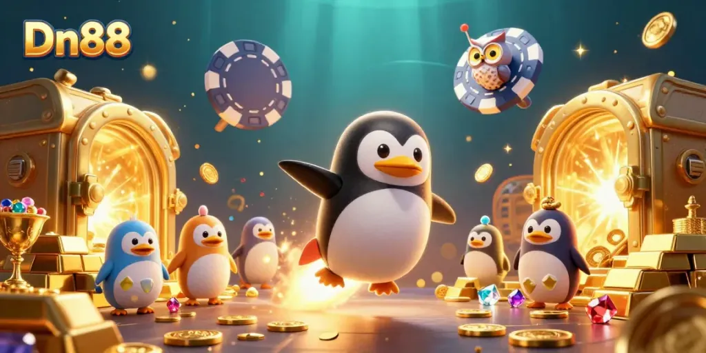 Experience the excitement of Dn88 with a whimsical scene including a golden penguin, poker chip space station, and treasure.