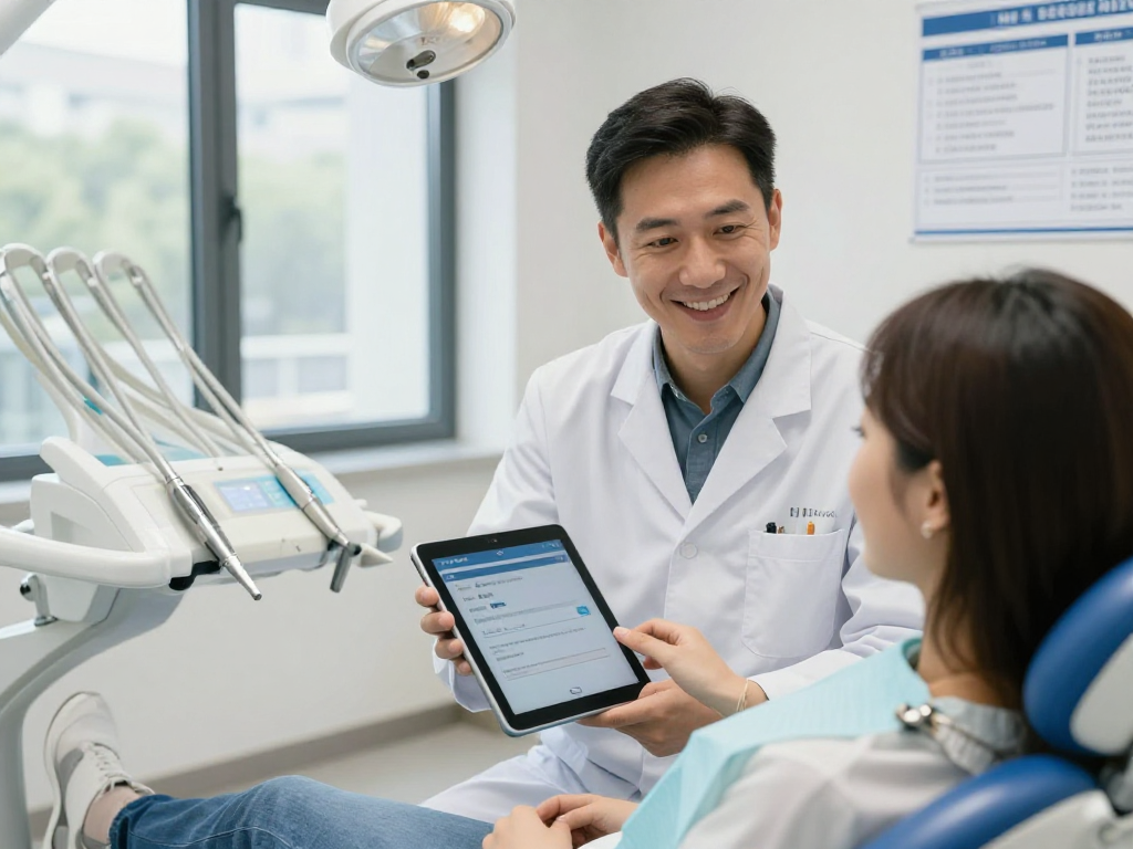 Engaging dentist-patient interaction highlighting Datenschutz und Zahnarztpraxen in a modern dental setting.